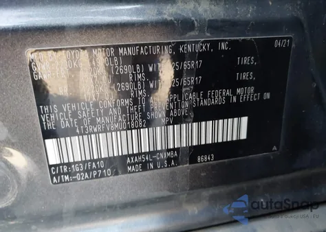 2021 Toyota Rav4 Hybrid Xle z USA, uszkodzony, nr VIN 4T3RWRFV8MU018082